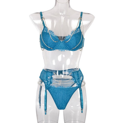 3 Piece Sexy Lingerie Garter Set, Underwire Bra and Panty Sets